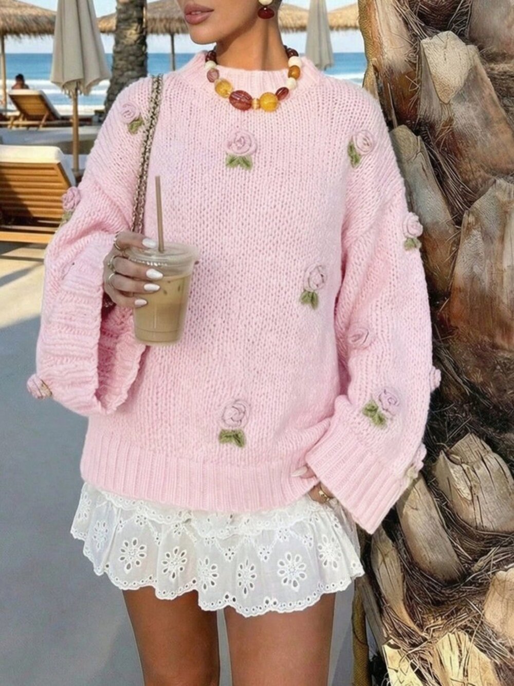 Light Pink Casual Women's Knitted 3d Floral detailed Sweater - Picture 5 of 11